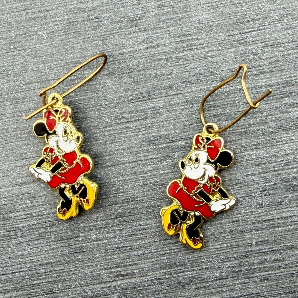 Minnie Mouse Enamel Drop Earrings Gold Tone Whimsical Disney Jewelry Dangle Gift